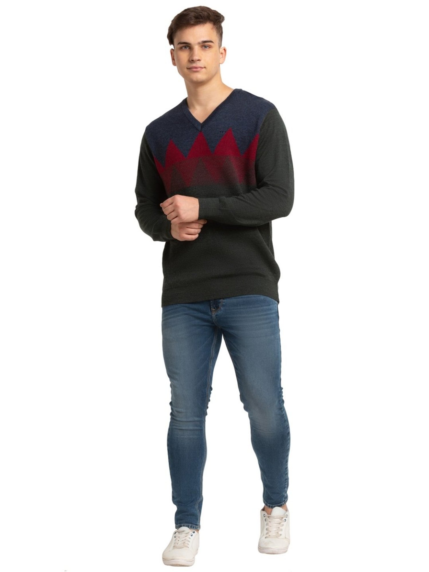 ColorPlus Beige Tailored Fit Self Pattern Sweater