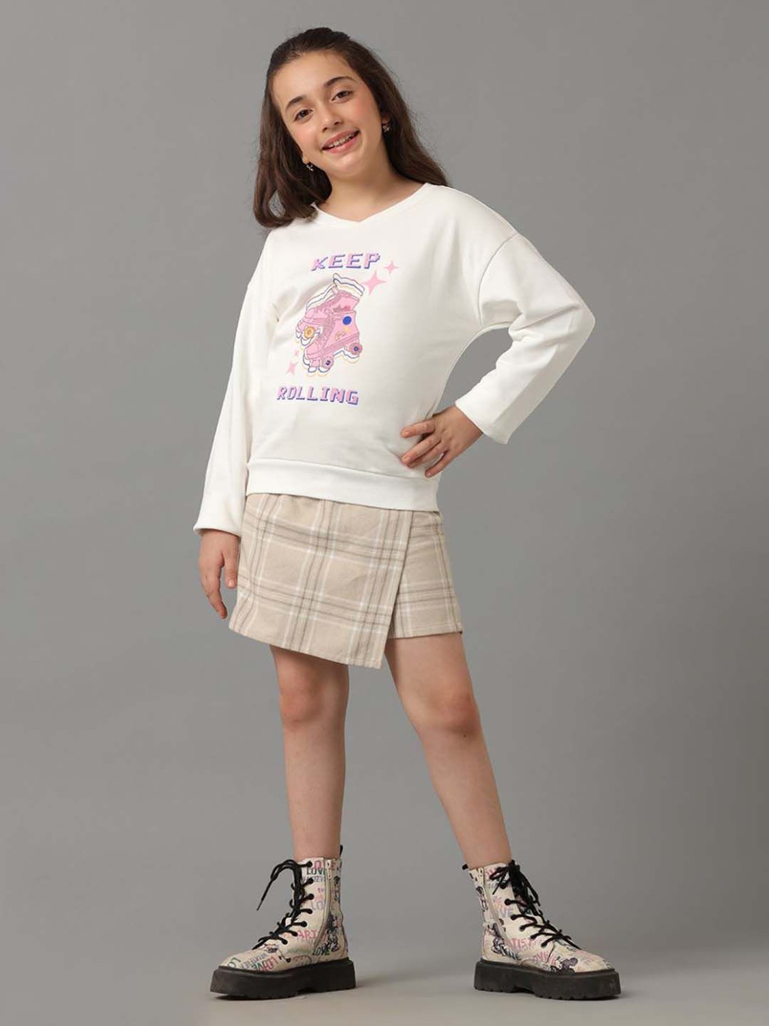 Under Fourteen Only Kids Beige Cotton Chequered Full Sleeves Skirt