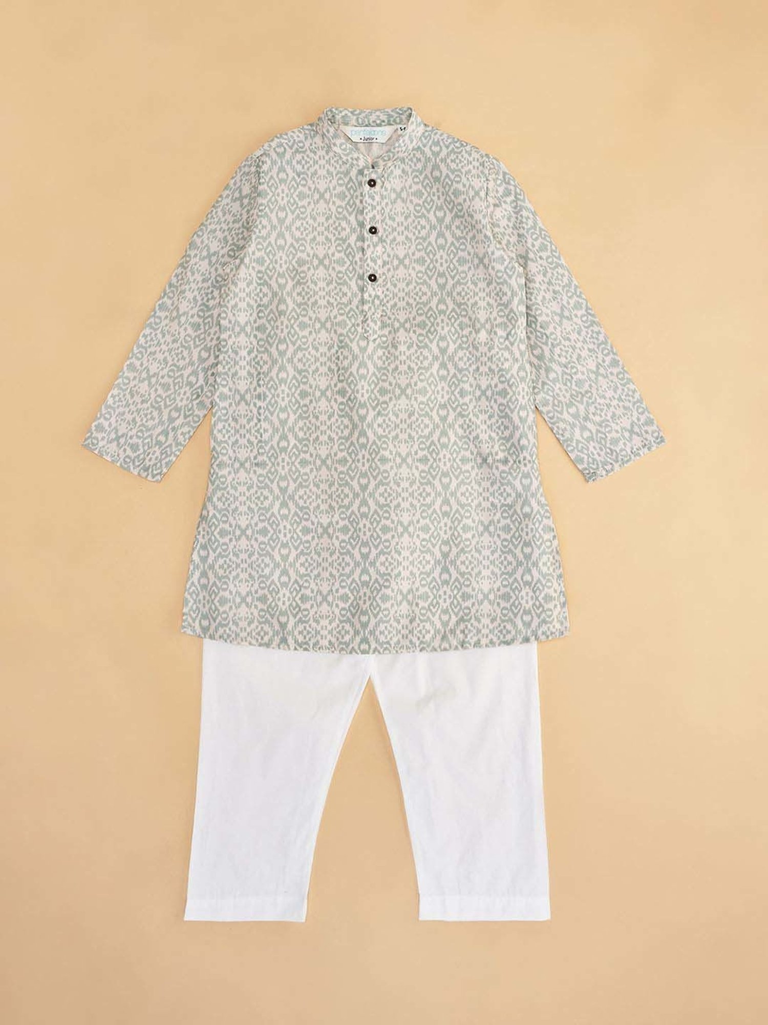 Indus Route by Pantaloons Kids Grey & White Cotton Printed Full Sleeves Kurta Set
