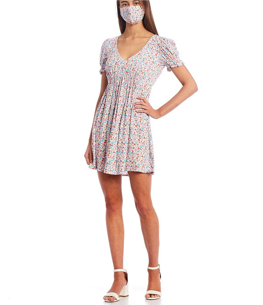 Midnight Doll V-Neck Tie-Back Ditsy Floral Babydoll Dress