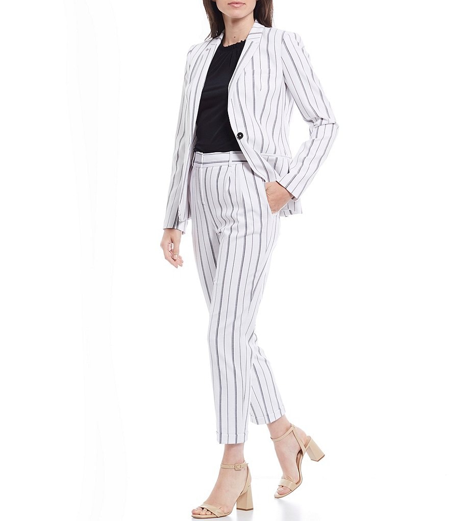Calvin Klein Petite Size Textured Stripe Suiting Notch Lapel One-Button Jacket