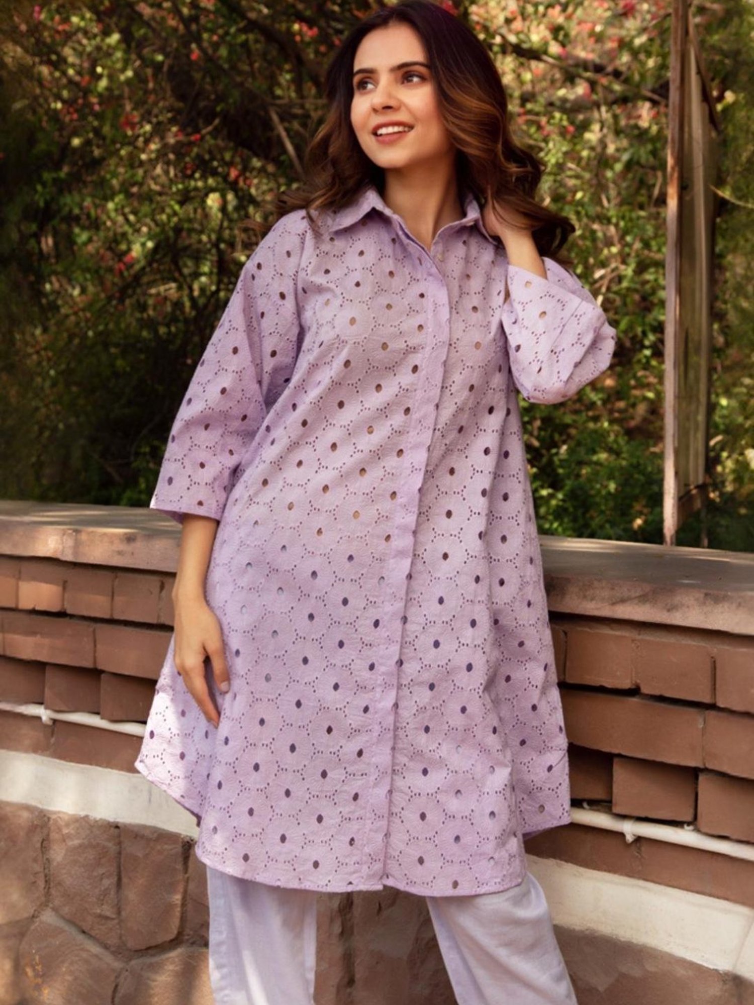 Calmna Lavender Schiffli Tunic with Pant Co-ord Set