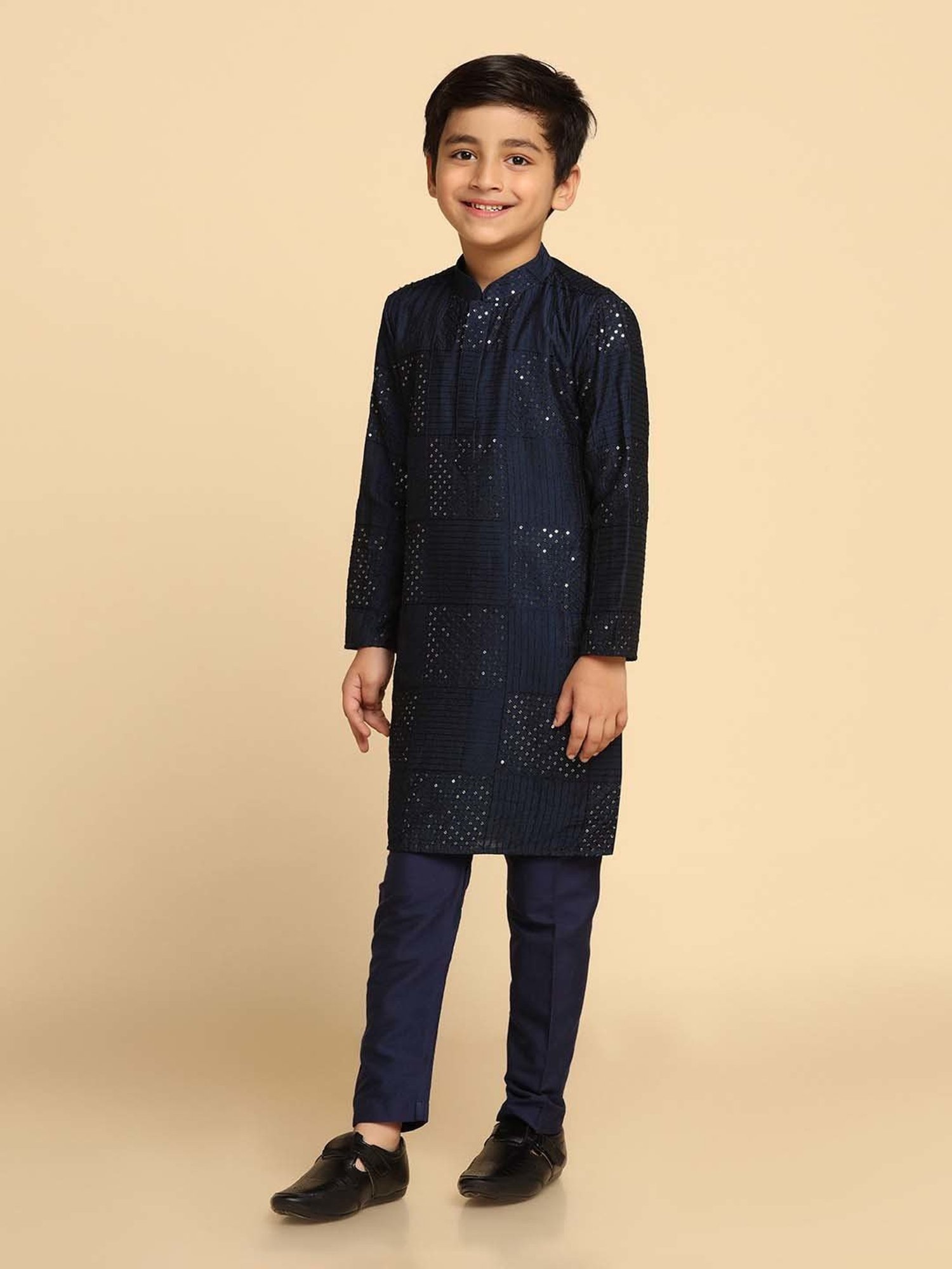 VASTRAMAY Boys Yellow & White Cotton Printed Full Sleeves Kurta Sets