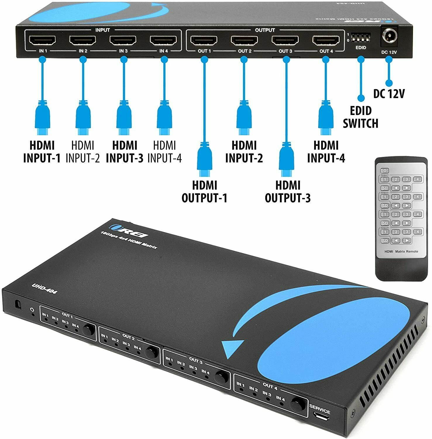 4x4 HDMI 4K Matrix Switch/Splitter by OREI (4-input, 4-output) with Remote Control Supports UltraHD 4K@60Hz 4:4:4, HDR, YUV, HDMI 2.0, HDCP 2.2, 3D, 1080p, 18 GBPS - Downscaler (4K & 1080p Together)