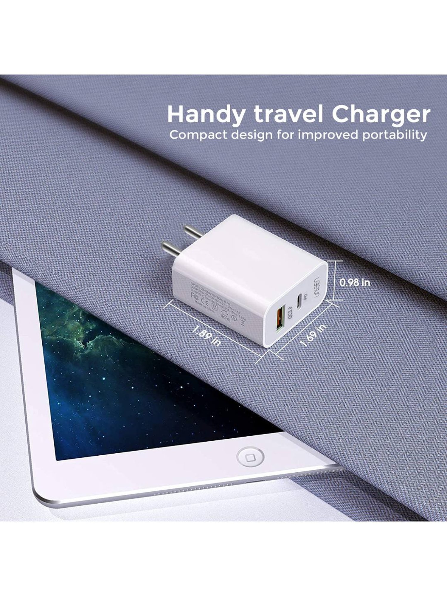 UNIGEN 20W Dual Port USB & Type C PD Fast Charger Adapter for iPhone 13,12, 11Pro (White