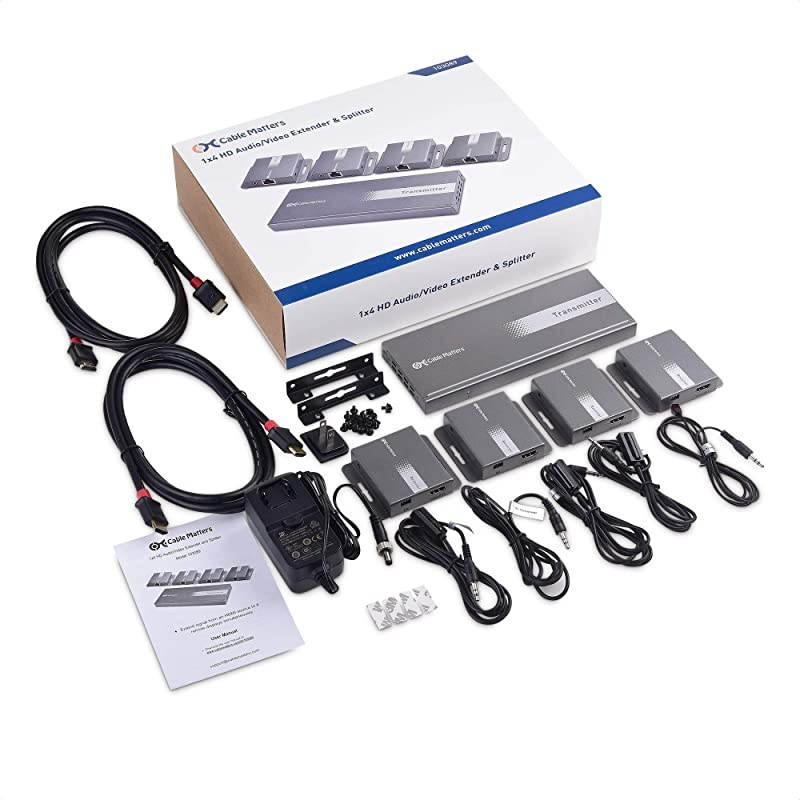 1x4 4 Port HDMI Extender Splitter - Wall Mount 1-In-4-Out HDMI Over Ethernet Splitter 1080p 60Hz up to 164 Feet - Support Local Monitor Loop-Out