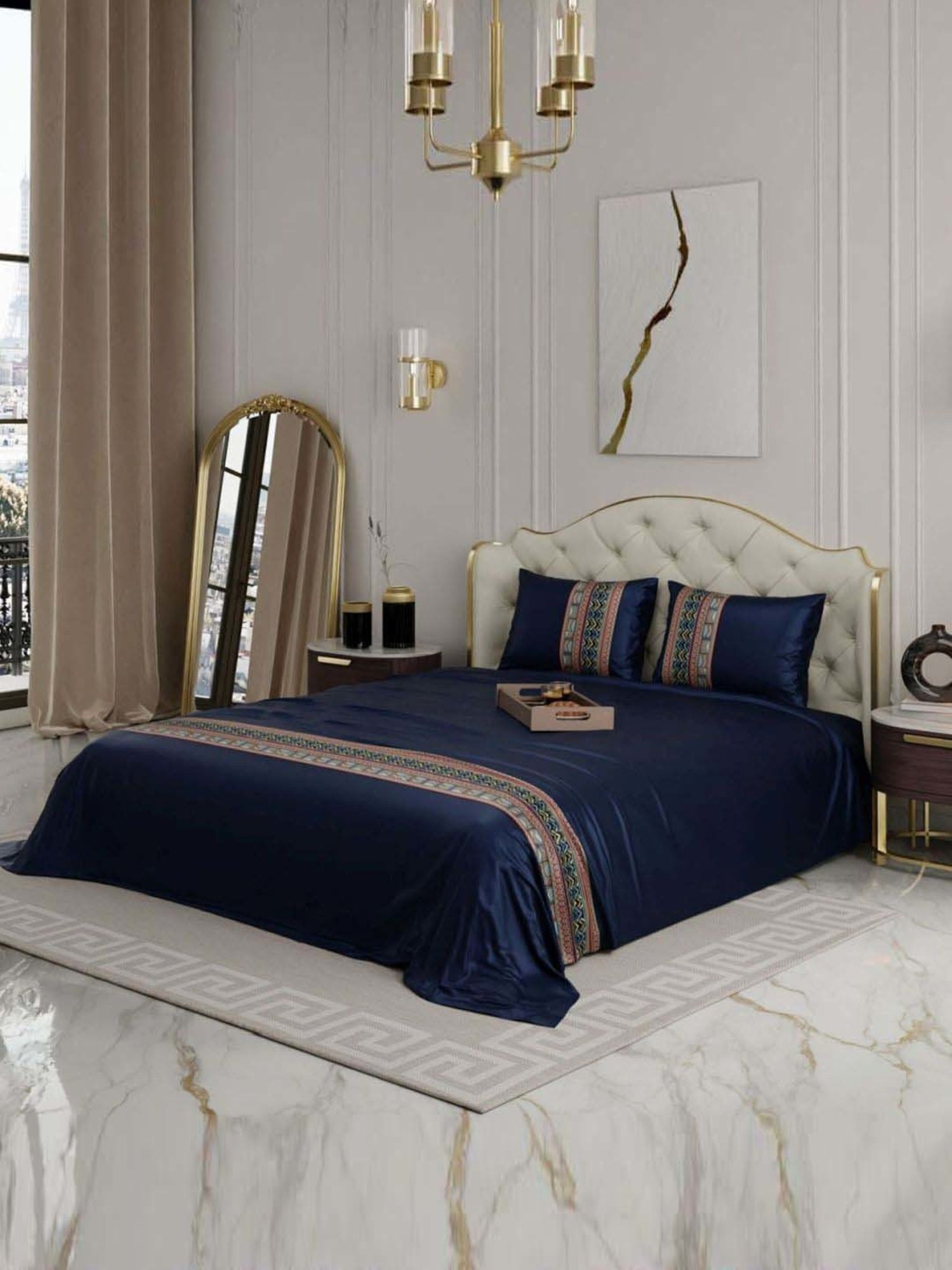Stoa Paris Navy Polyester 300 TC Regal Renaissance Double Bed Sheet With 2 Pillow Covers