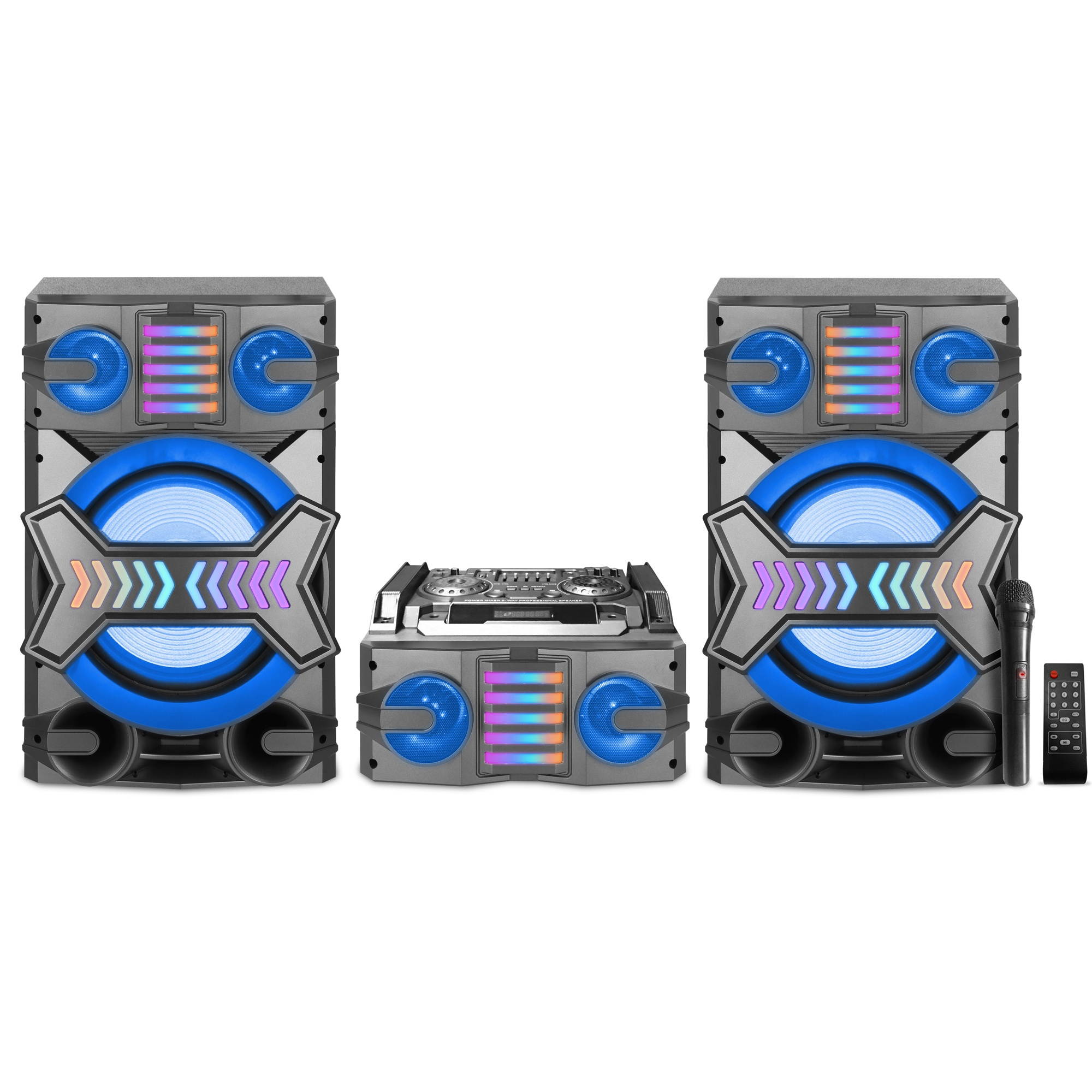 Technical Pro, 12" Bluetooth LED Home Entertainment Speaker System with Wireless Microphone and Remote Control Included, Amplifier and Two Satellite Speakers Set, 5000 Watts, USB SD Input