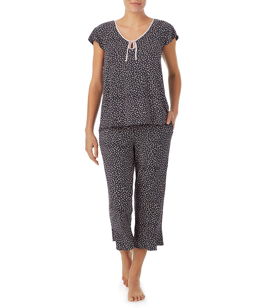 kate spade new york Floral Print Jersey Cropped V-Neck Short Flutter Sleeve Coordinating Pajama Set