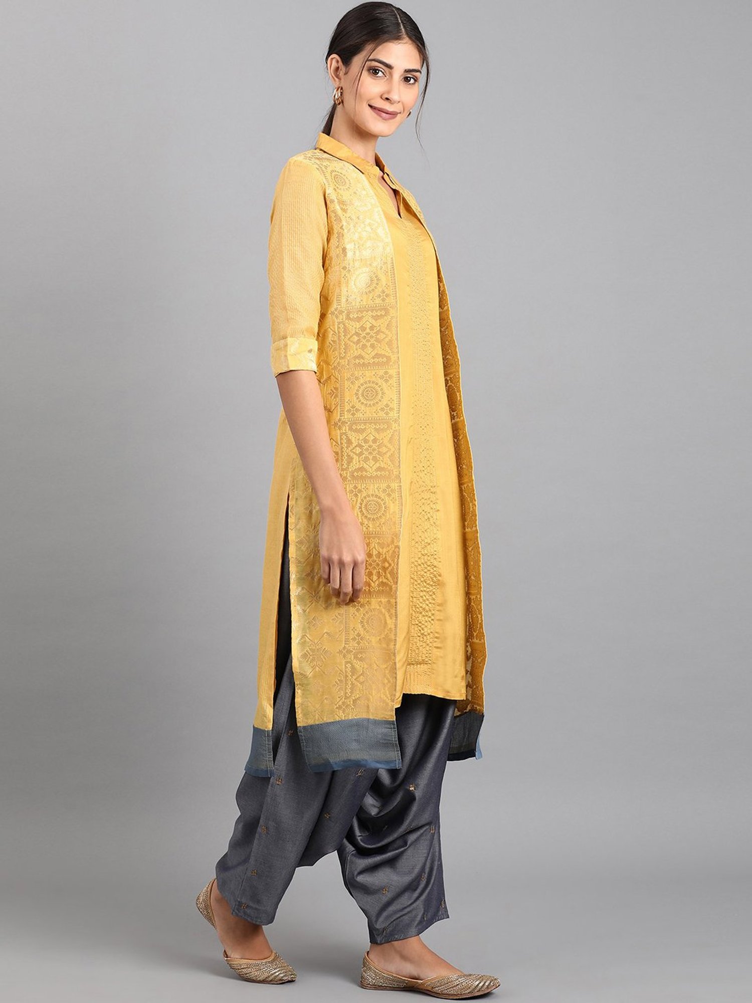 W Yellow Printed Straight Double Layered Kurta