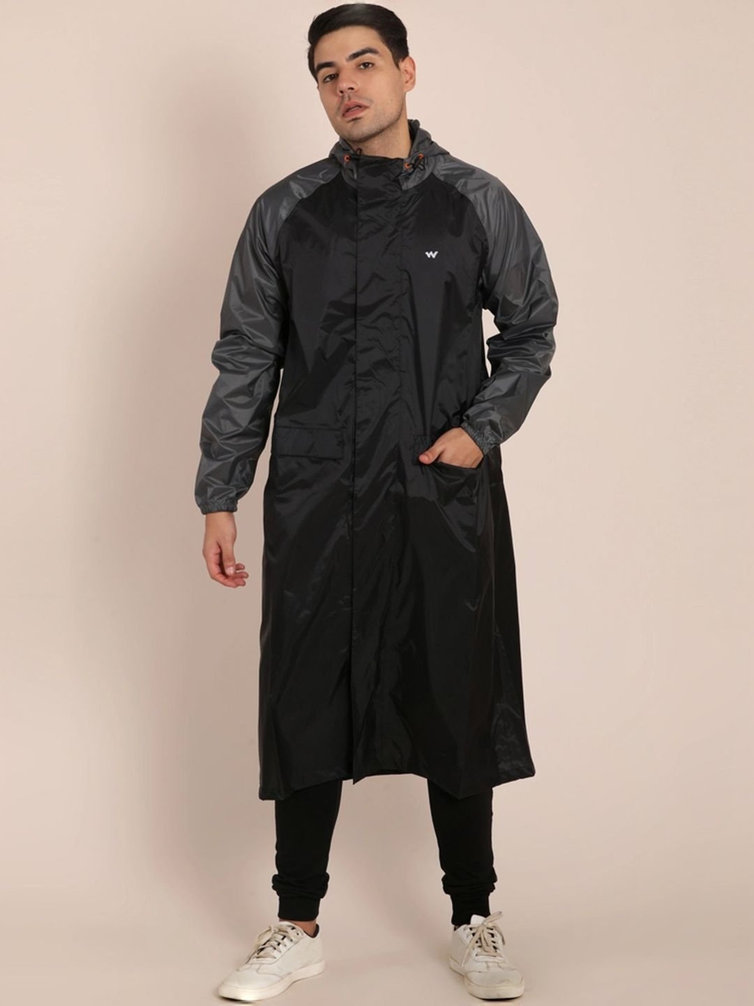 Wildcraft Black & Dark Grey Regular Fit Colour Block Rainwear Jacket
