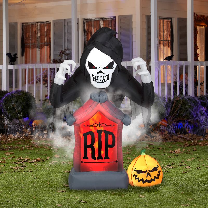 Gemmy Animated Projection Airblown Fog Effect Fire & Ice Shaking Reaper w/ Tombstone and Pumpkin, 6 ft Tall