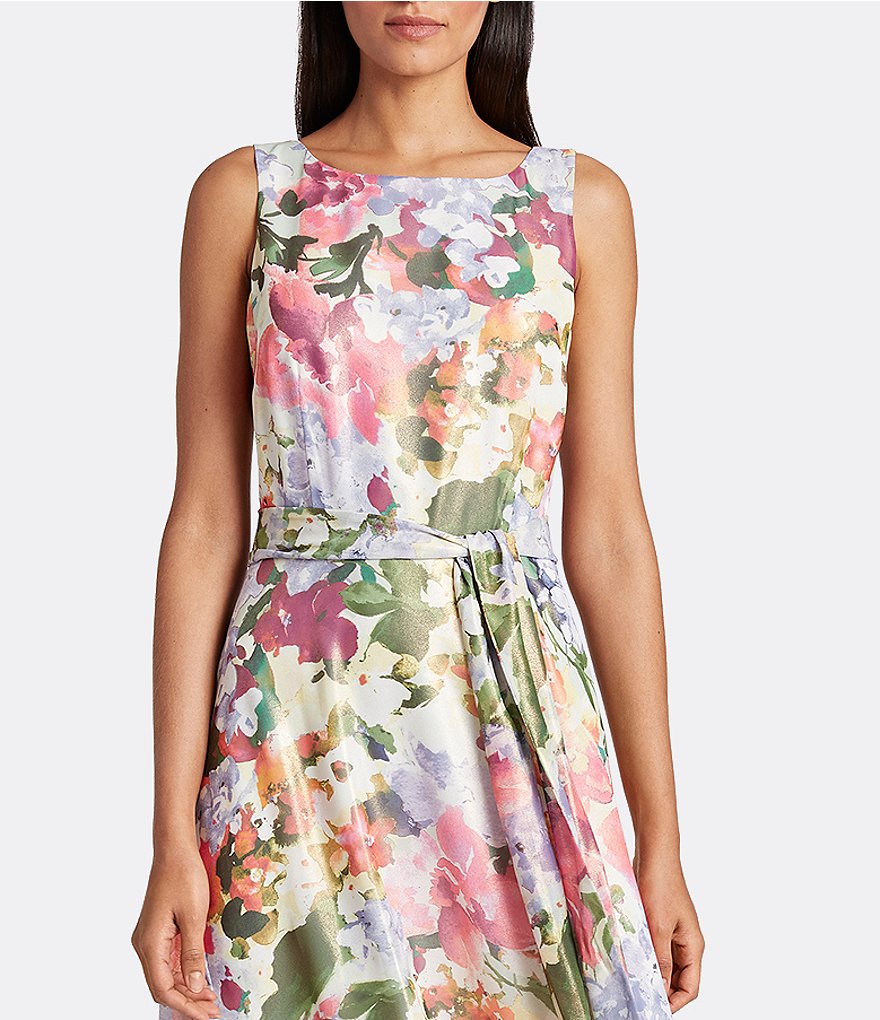Tahari ASL Floral Foiled Chiffon Sleeveless Dress
