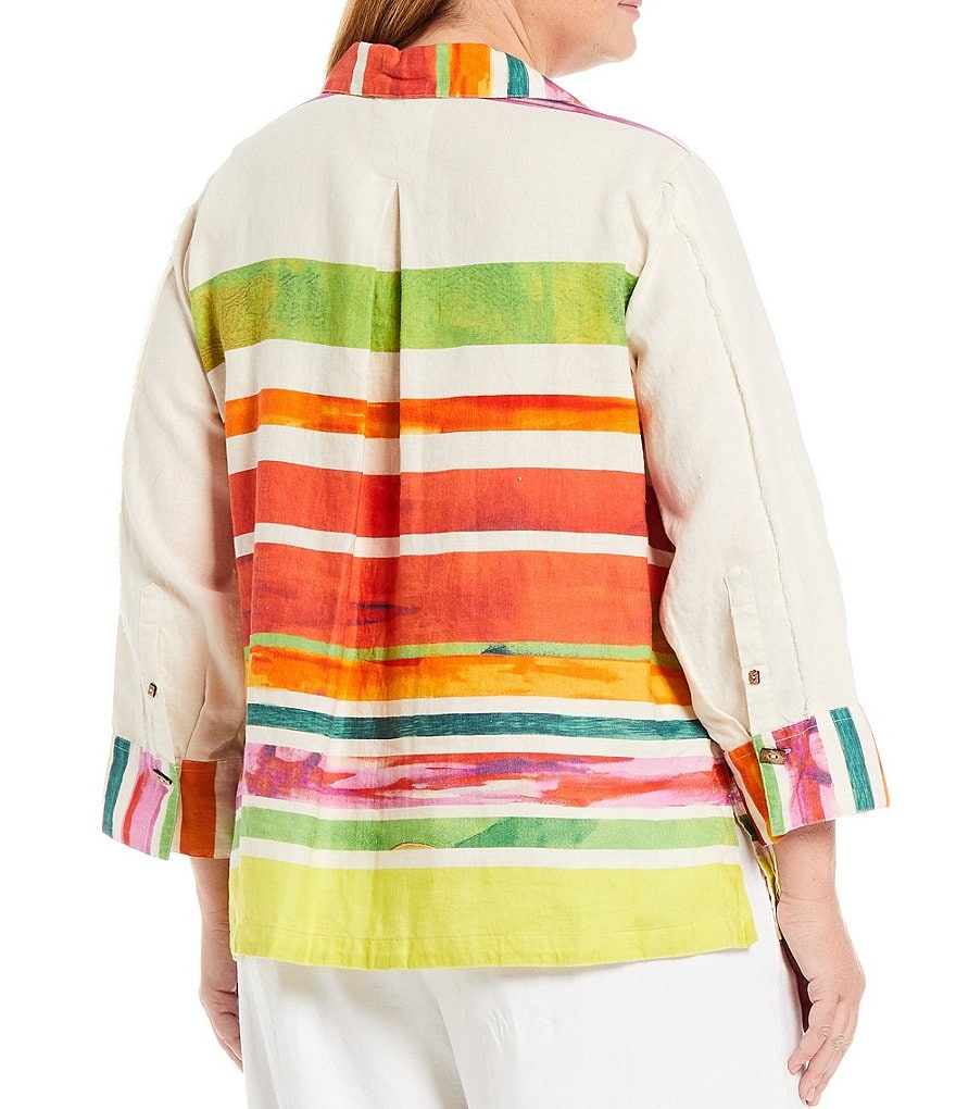 John Mark Plus Size Abstract Stripe Print Button Front Wire Point Collar Neck 3/4 Sleeve Linen Tunic