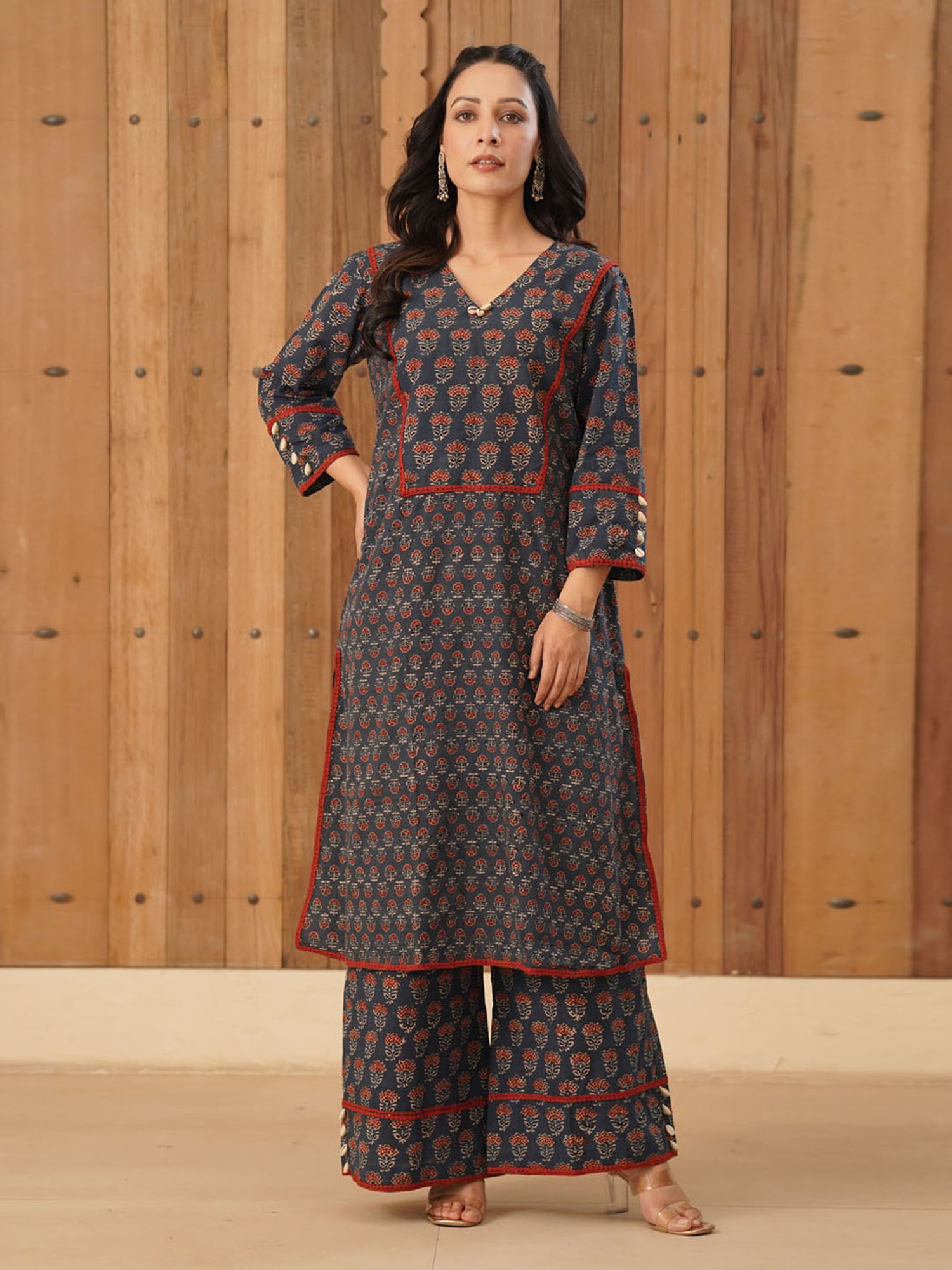 Love Chic Ajrakh Cotton Kurta with cowrie shells and crochet lace details