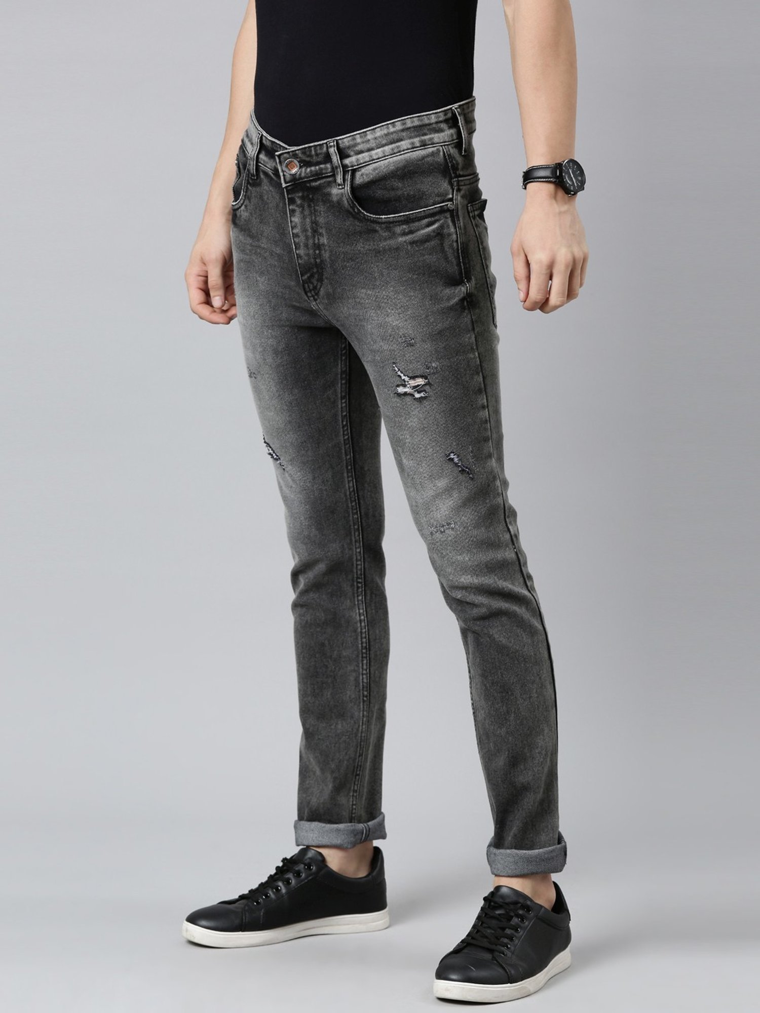 CINOCCI Mid Black Cotton Slim Fit Distressed Jeans