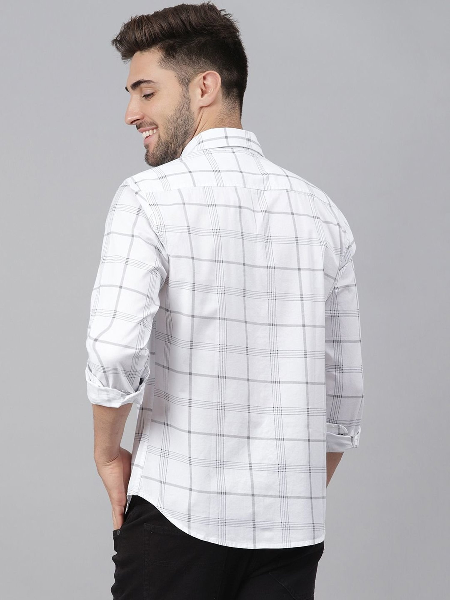 Dennis Lingo White Cotton Slim Fit Checks Shirt