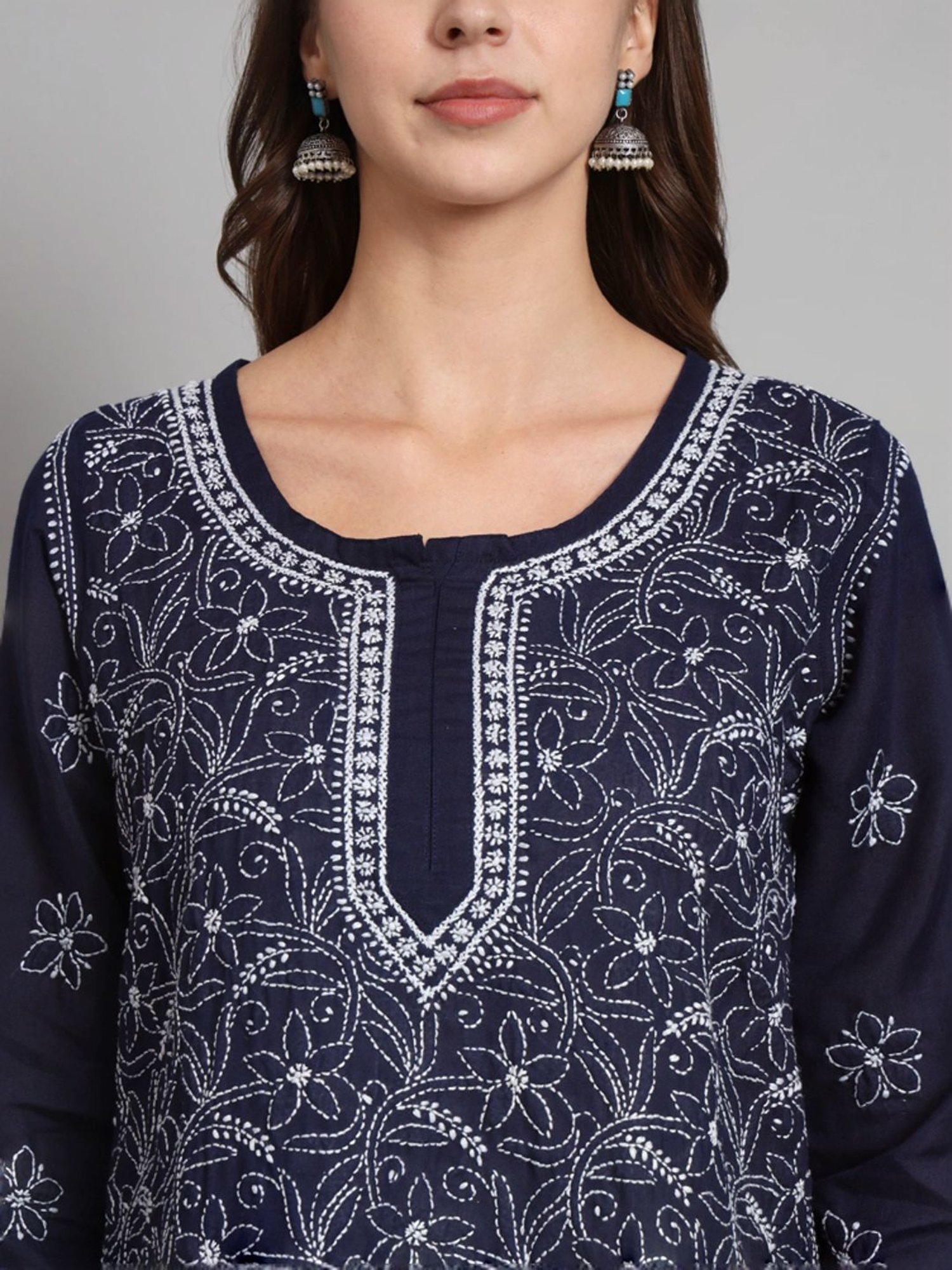 PARAMOUNT CHIKAN Navy Cotton Hand Embroidered Chikankari Straight Kurti