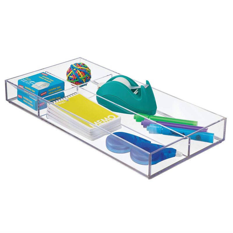 mDesign Office Supplies Desk Drawer Organizer for Scissors, Pens, Markers, Highlighters, Tape - 8" x 16" x 2", Clear