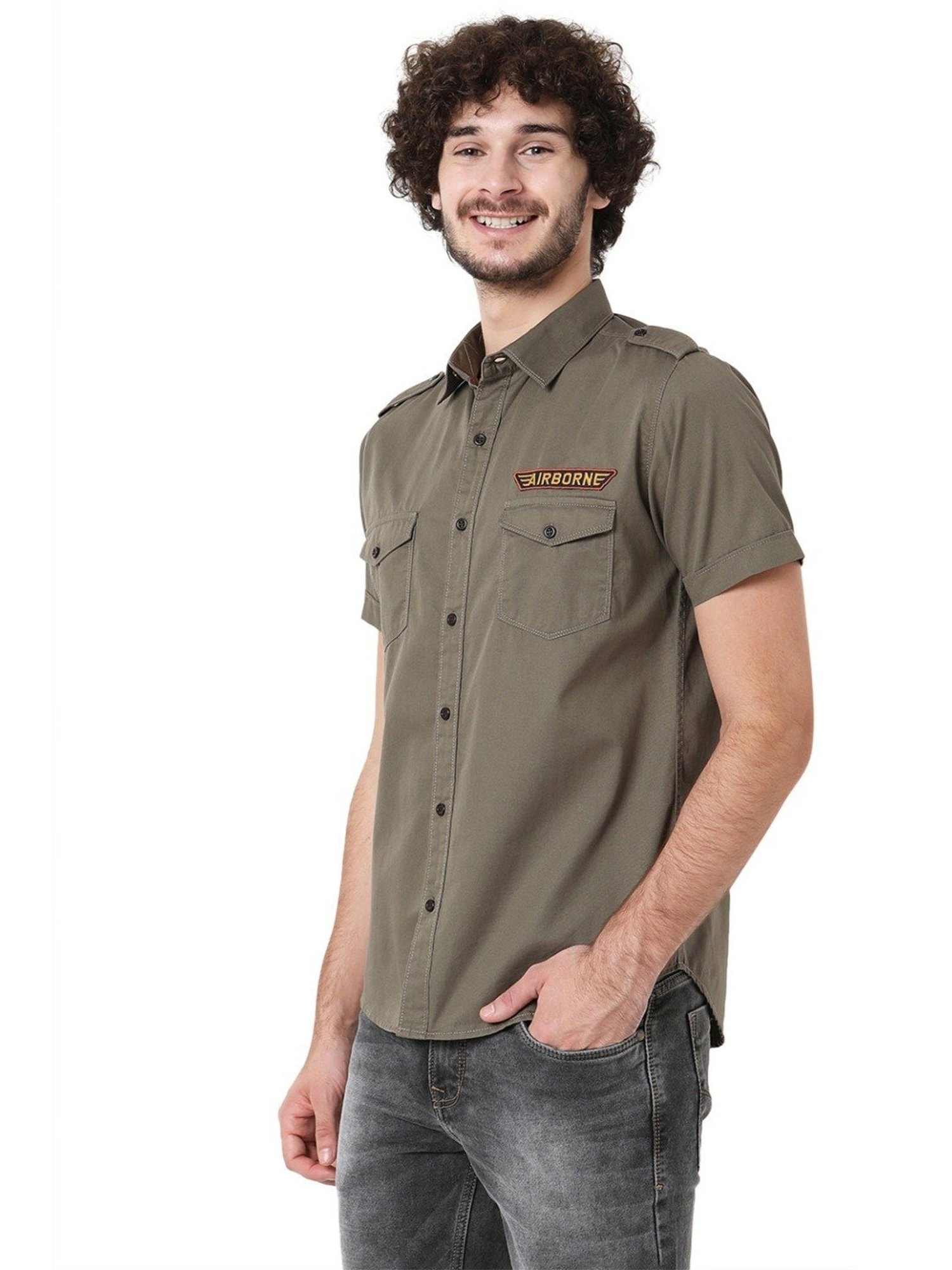 Mufti Light Green Cotton Slim Fit Shirt