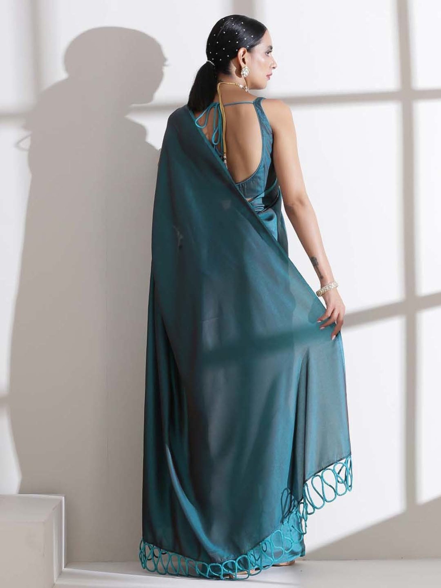 Swtantra Blue & Grey Satin Saree