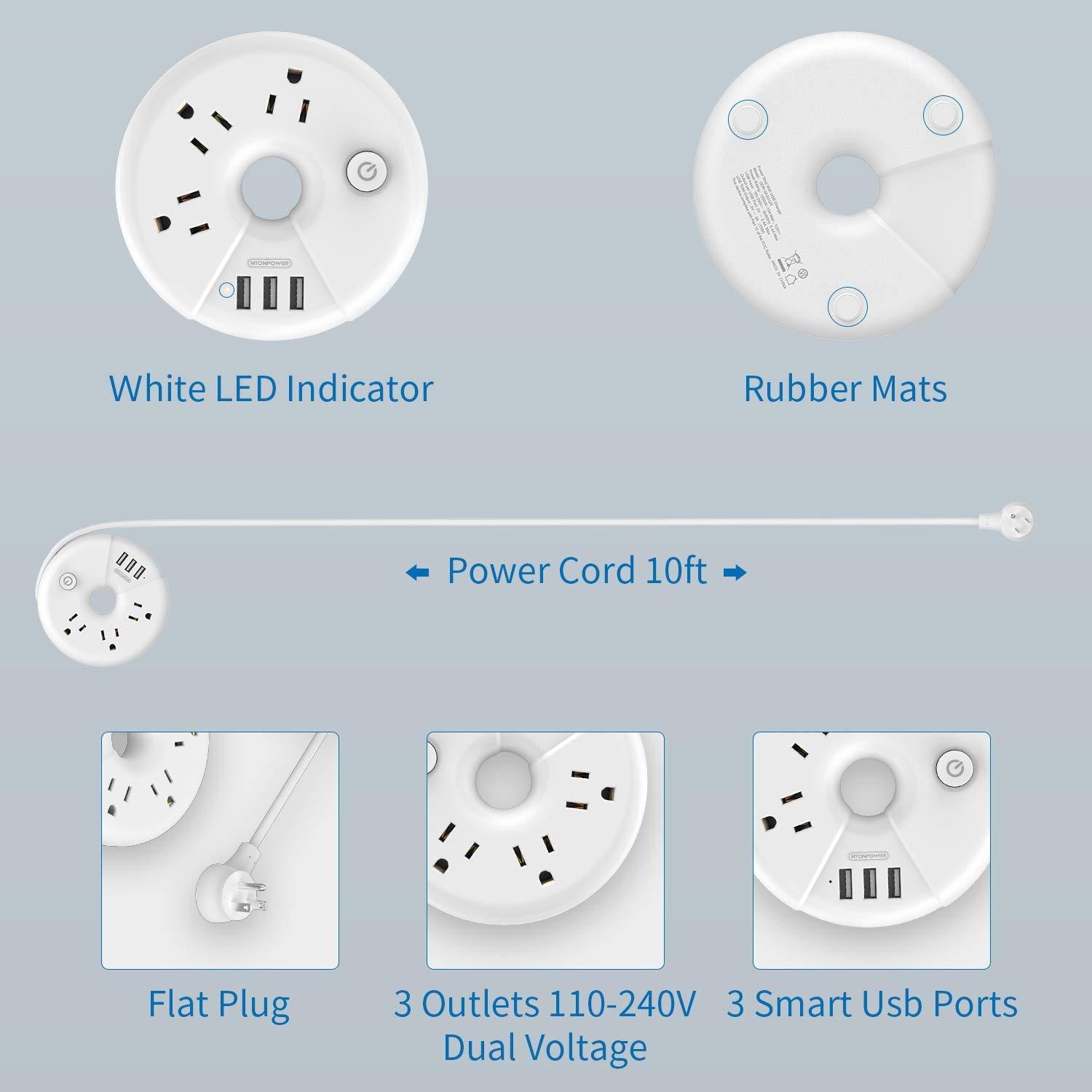 NTONPOWER Flat Plug Power Strip with USB Bundle, 3 Outlets Compact Power Strip with 5 ft Cord and 10 ft Long Extension Cord, Right Angle Plug, Wall Mount for Office, Home, Nightstand, Dorm Essentials