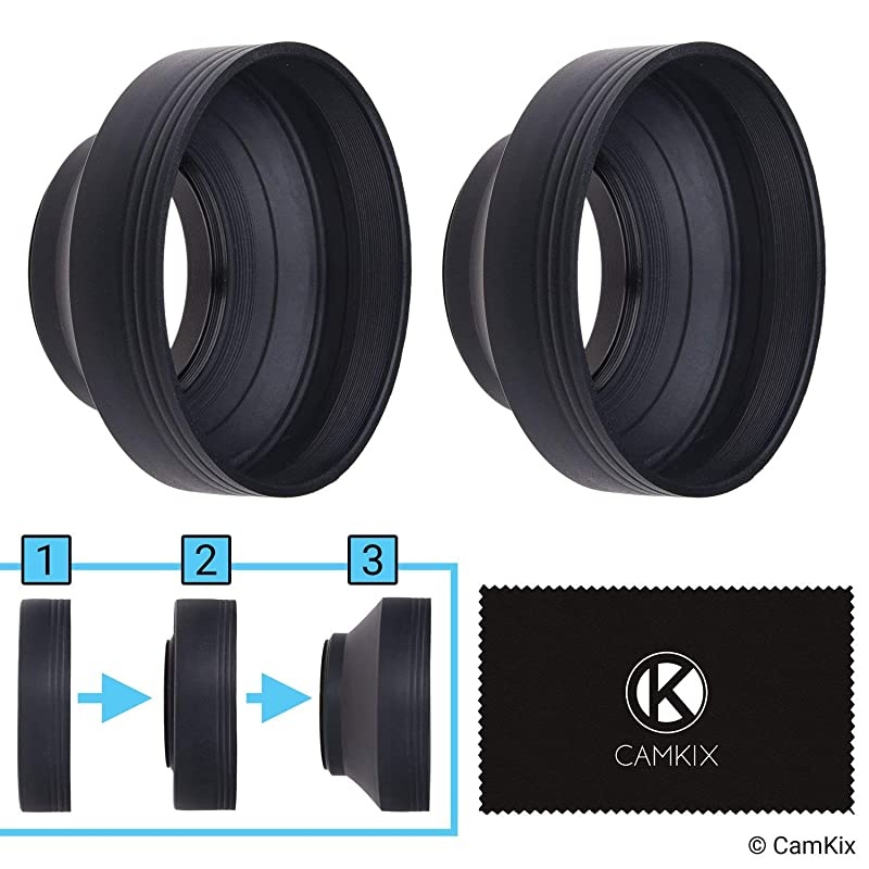 Camera Lens Hood Rubber Set of 2 Collapsible in 3 Steps Sun ShadeShield Reduces Lens Flare and Glare Blocks Excess Sunlight for Enhanced Photography and Video Footage