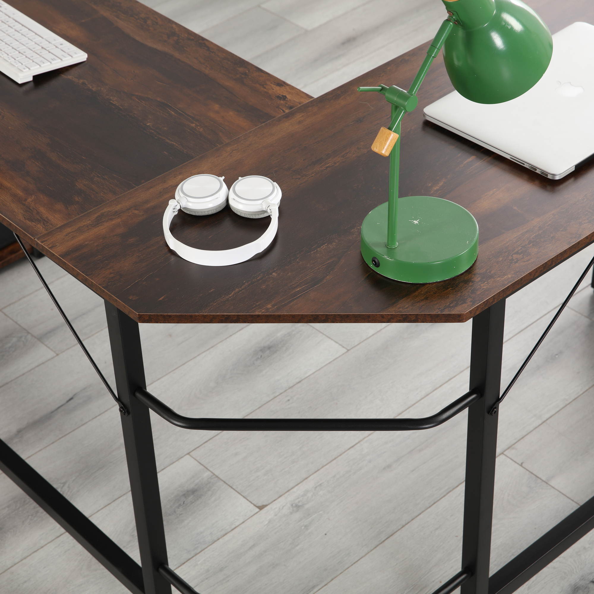 66" L Shape Desk Computer Desk Study Writing Table Home Office Desk Gaming Desk with Bag Hook and Cloth Drawer Storage Bag,Wood & Metal Pella Oak