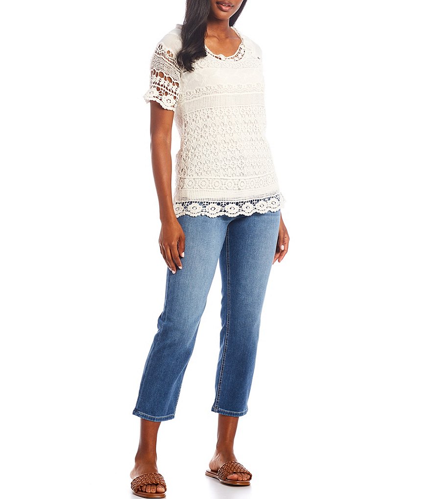 One World Apparel Lace Scoop Neck Short Sleeve Scalloped Trim Top