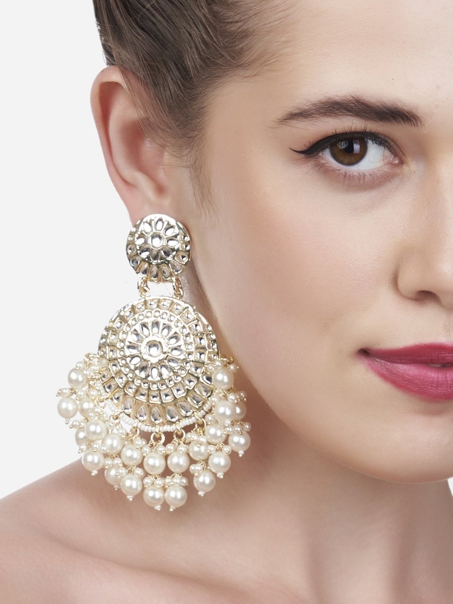 Zaveri Pearls Gold Tone Traditional Kundan & Cluster Pearls Dangler Earrings - ZPFK13153