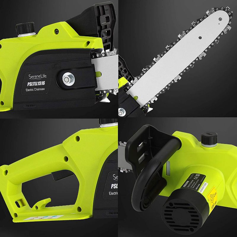 SereneLife 12 Inch 8 Amp Corded Electric Chain Saw Tree Trimmer with Tool Free Chain Tension, Safety Lock, Blade Cover, and 10 Foot Power Cord, Green