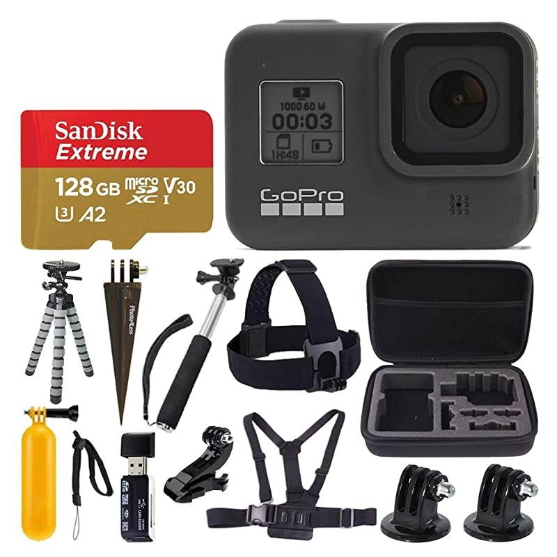 HERO8 Black Waterproof Action Camera w/Touch Screen 4K HD Video 12MP Photos +Sandisk Extreme 128GB Micro Memory Card + Hard Case + Head Strap + Chest Strap +  Hero 8 - Top Value Accessories