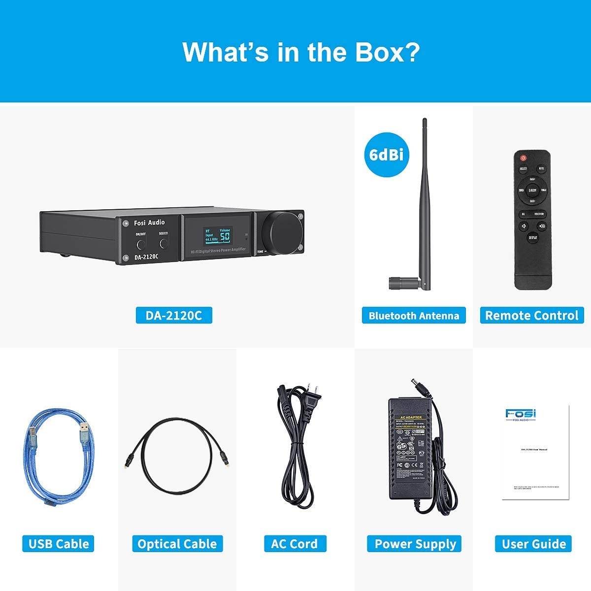 DA2120C 2.1 Channel Bluetooth Amplifier 120W x2+ Bluetooth Antenna - Male Plug 6dBi 2.4GHz Single Band WiFi Antenna