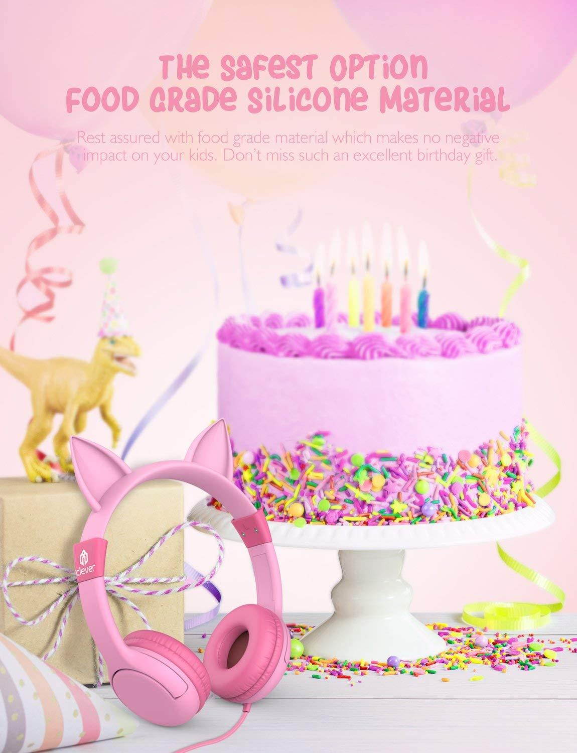 iClever Kids Headphones Girls - Cat-Inspired Wired On-Ear Headphones for Kids, 85dB Volume Limiting, Food Grade Silicone, Lightweight, 3.5mm Jack - Comfortable Children Headphones for Kids, Pink