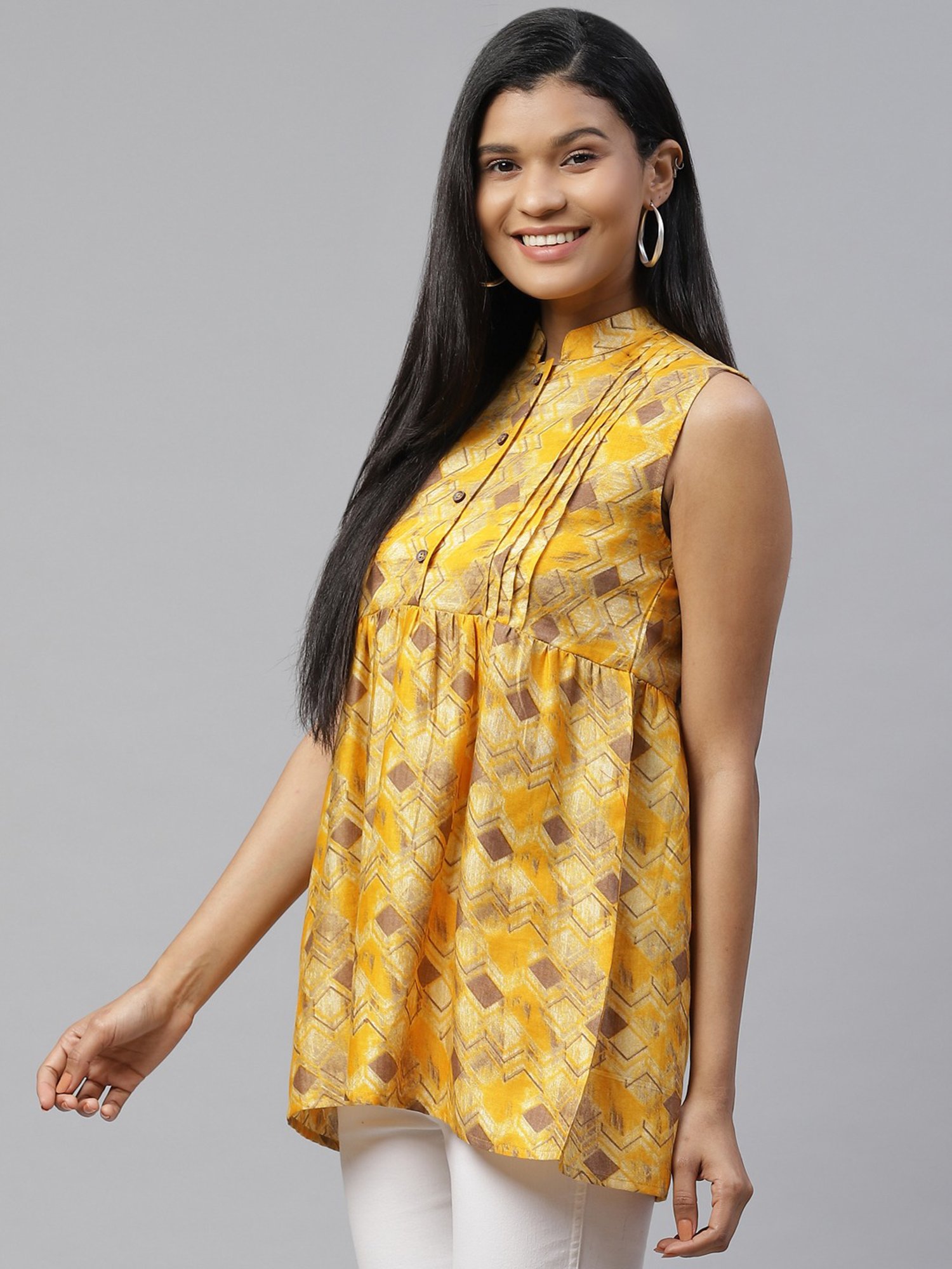 Cottinfab Yellow Printed A-Line Cotton Top