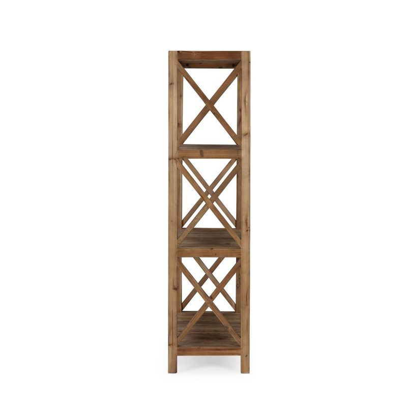 71" 4 Tier Farmhouse Wooden Frame Bookcase with X Shaped Back Brown - Benzara