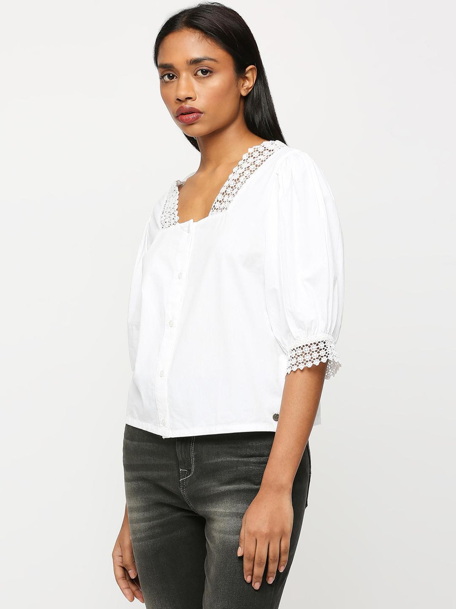 Pepe Jeans White Cotton Self Pattern Top