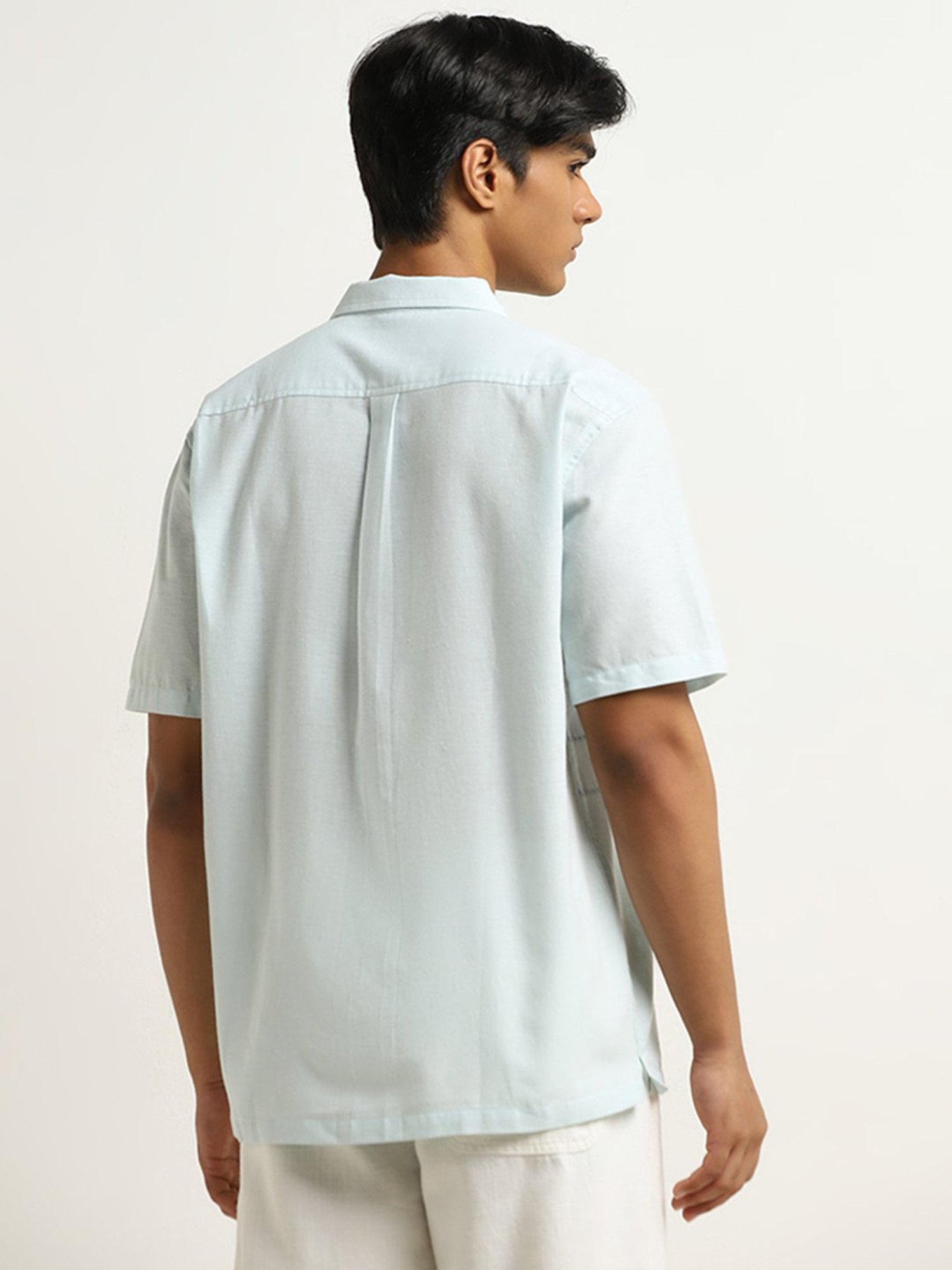 ETA by Westside Light Blue Embroidered Relaxed-Fit Cotton Blend Shirt