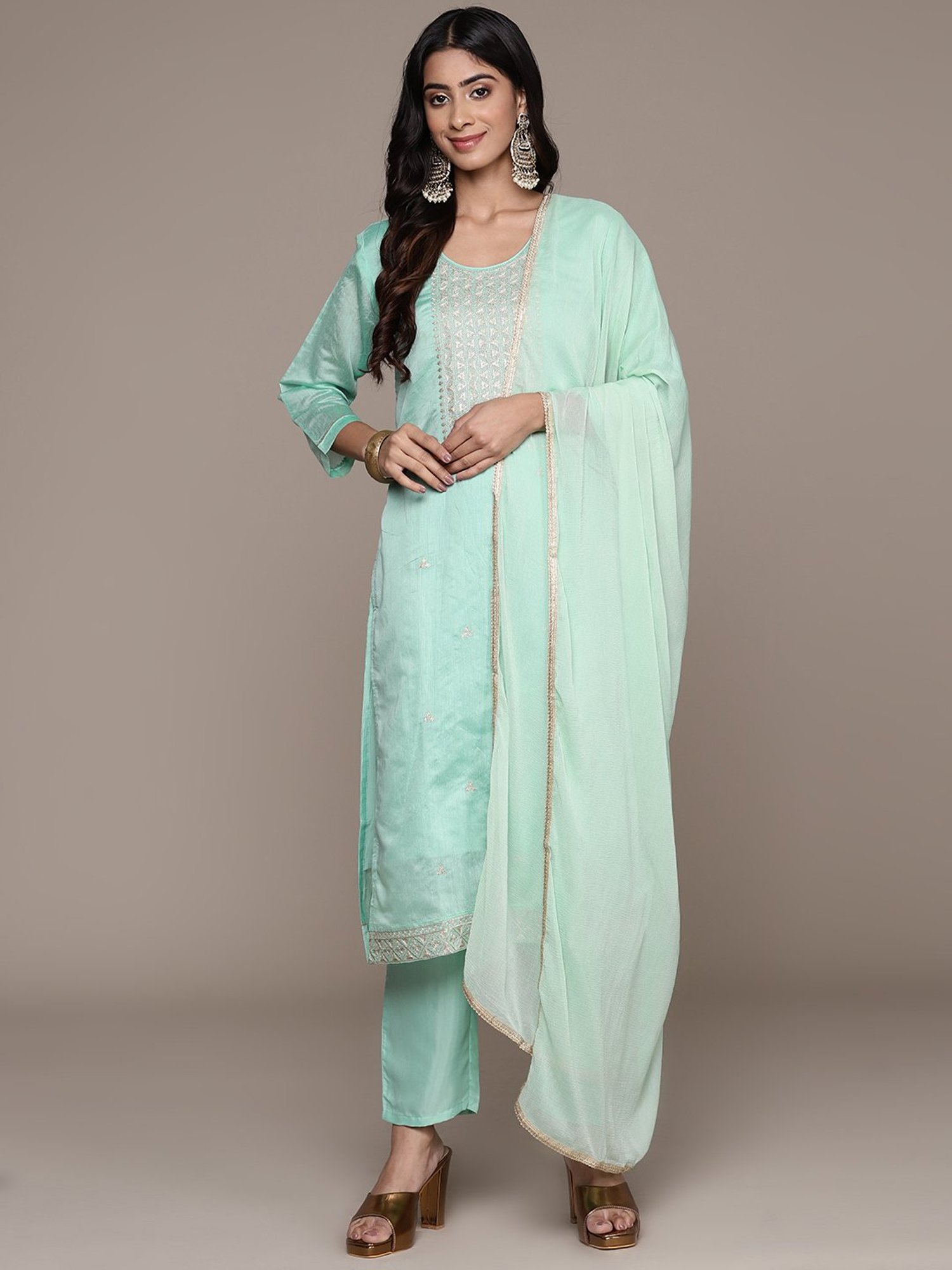 Ishin Sea Green Embroidered Kurta With Pant & Dupatta