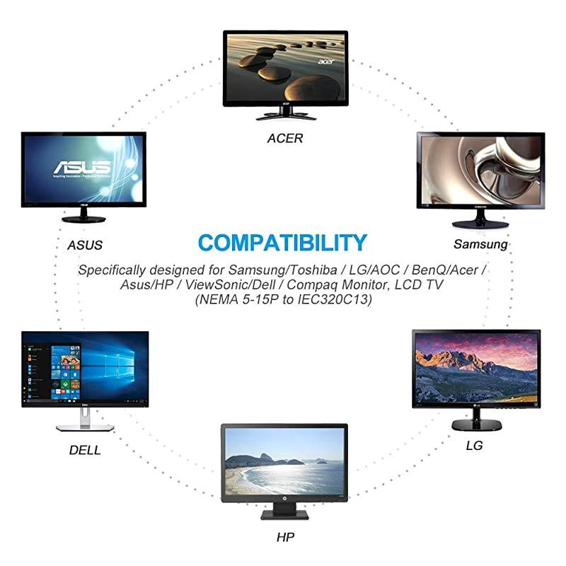 UL Listed 10Ft 3 Prong Plug AC Cable for Samsung Toshiba LG Sharp Sony AOC BenQ Acer Asus ViewSonic Dell Compaq Computer Monitor and LCD TV Epson Printer 10 Ft PC Power Cord