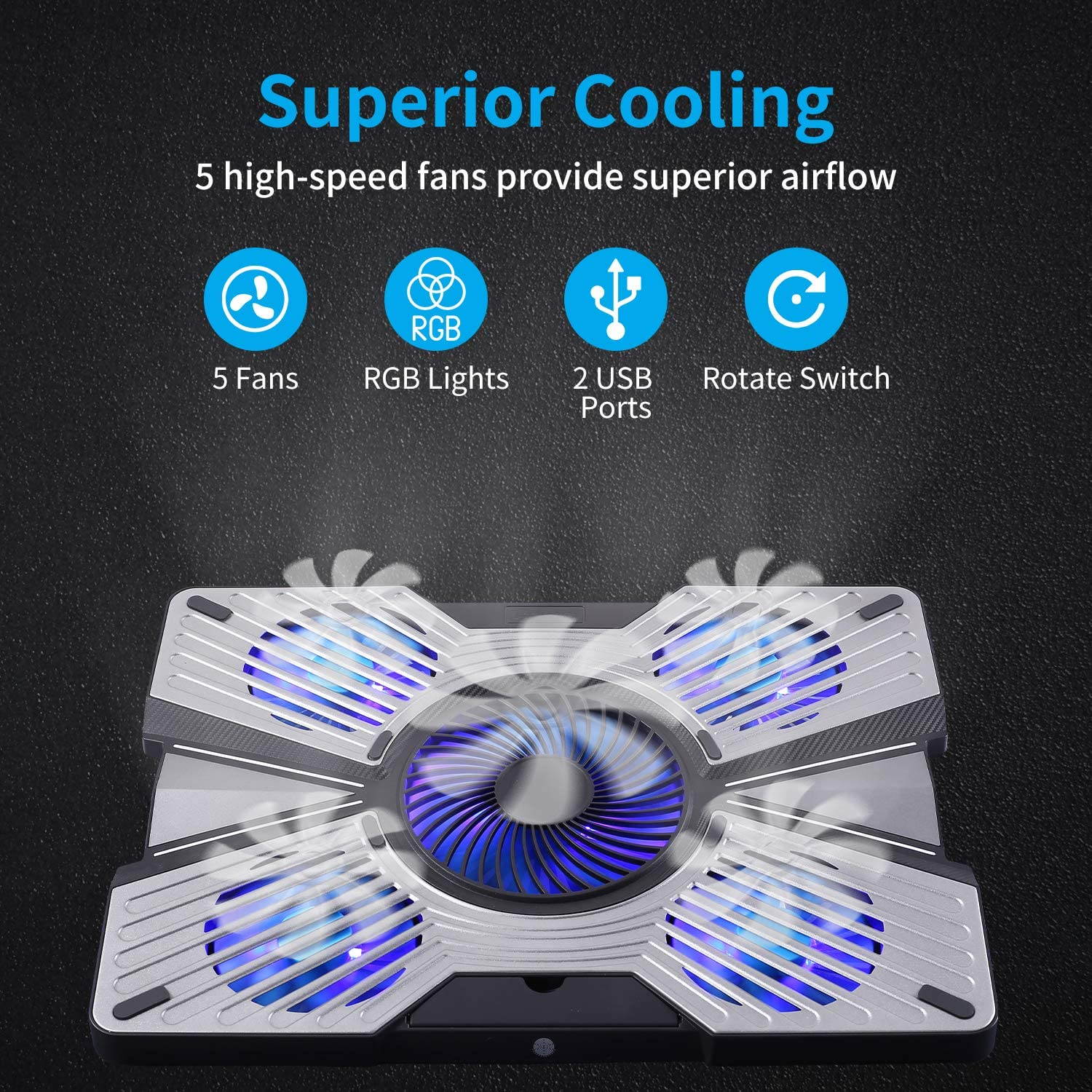 RGB Laptop Cooling Pad, USB Powered Laptop Cooling Stand with Metal Panel, Gaming Laptop Cooler Stand with 5 Silent Fans, Dual USB 2.0 Ports, Suit for 14-17.3 inch Laptop