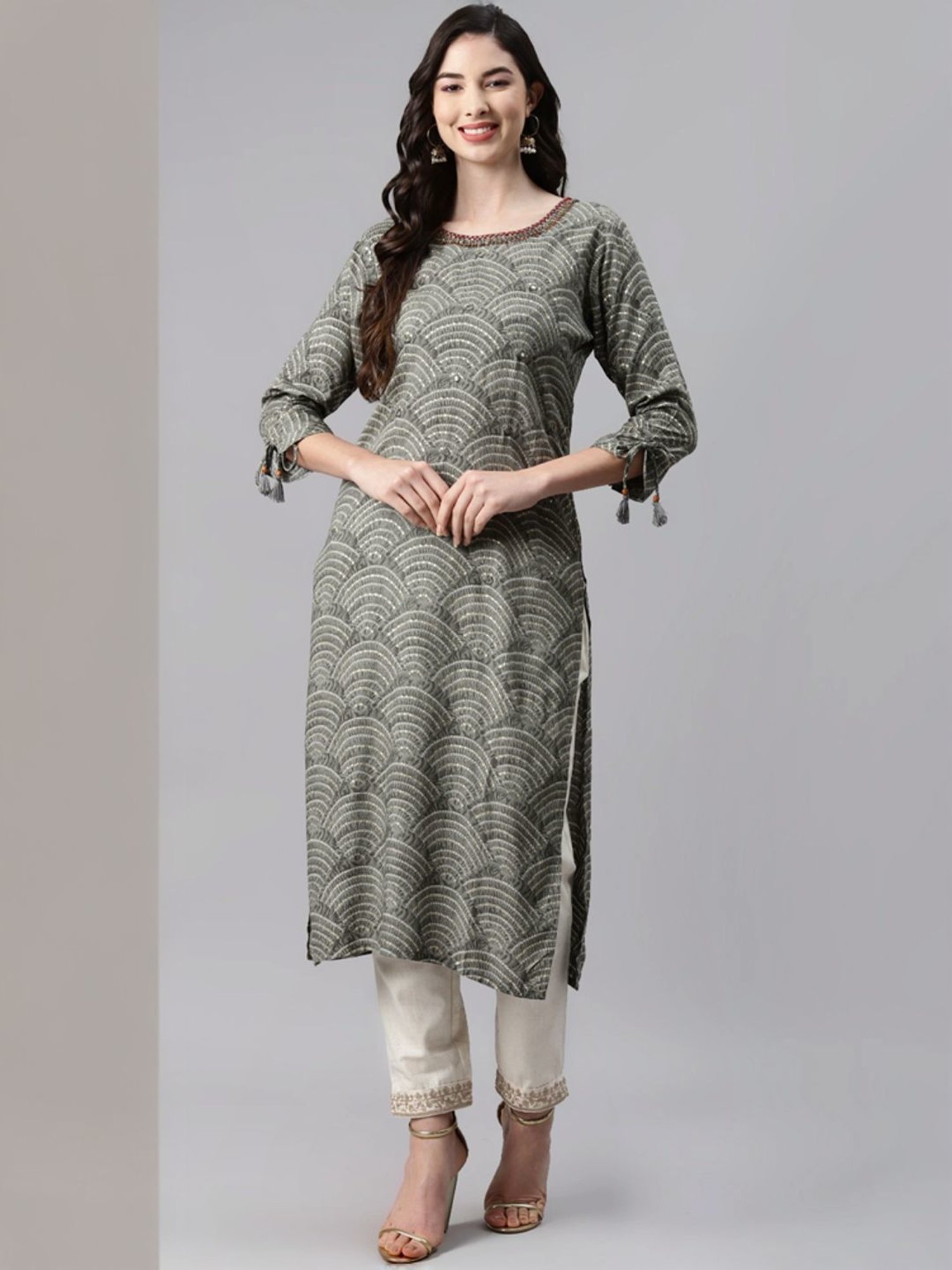 Aarika Grey Cotton Printed Straight Kurta