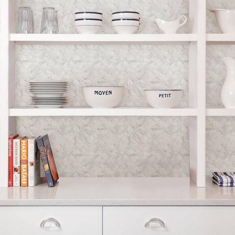 Brewster Herringbone Carrara Peel & Stick Wallpaper Backsplash White