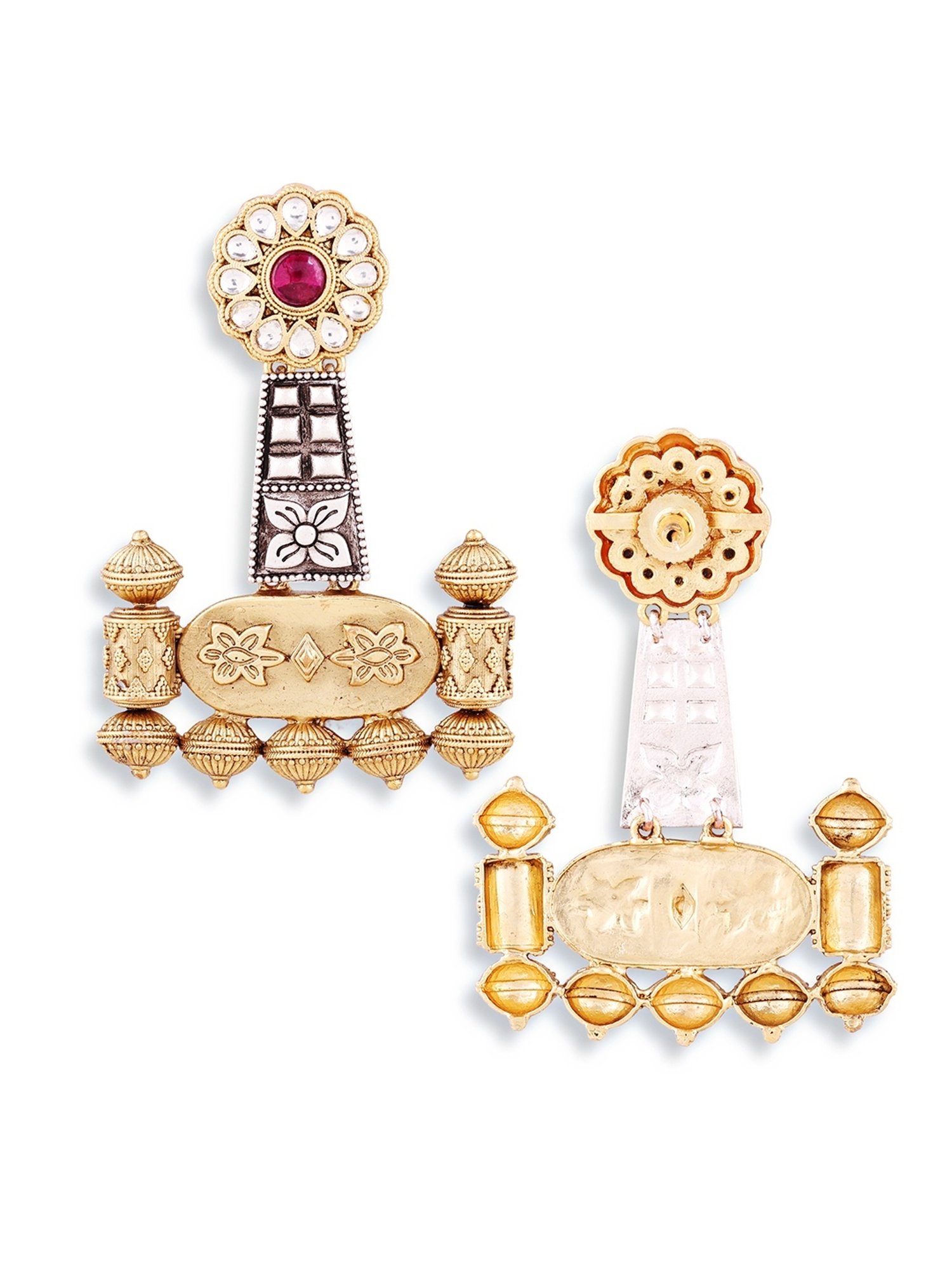 Abdesigns Geometric Oxidised Silver Plated Two Tone Earrings