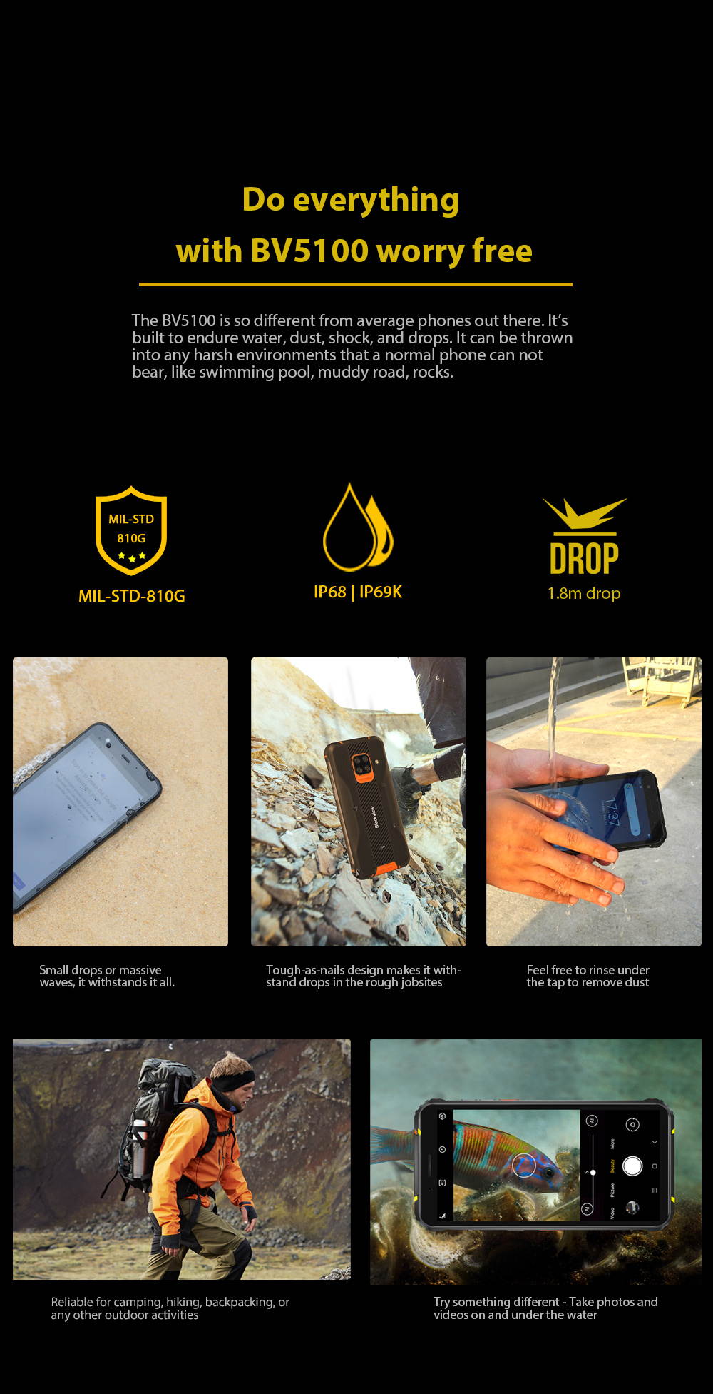 Blackview BV5100 4G Rugged IP68 Android 10 Smartphones, 4GB + 128GB, 16MP + 13MP Camera, Wireless Charging, Unlocked Mobile Phone, HD + 5.7 '', NFC FM Compass