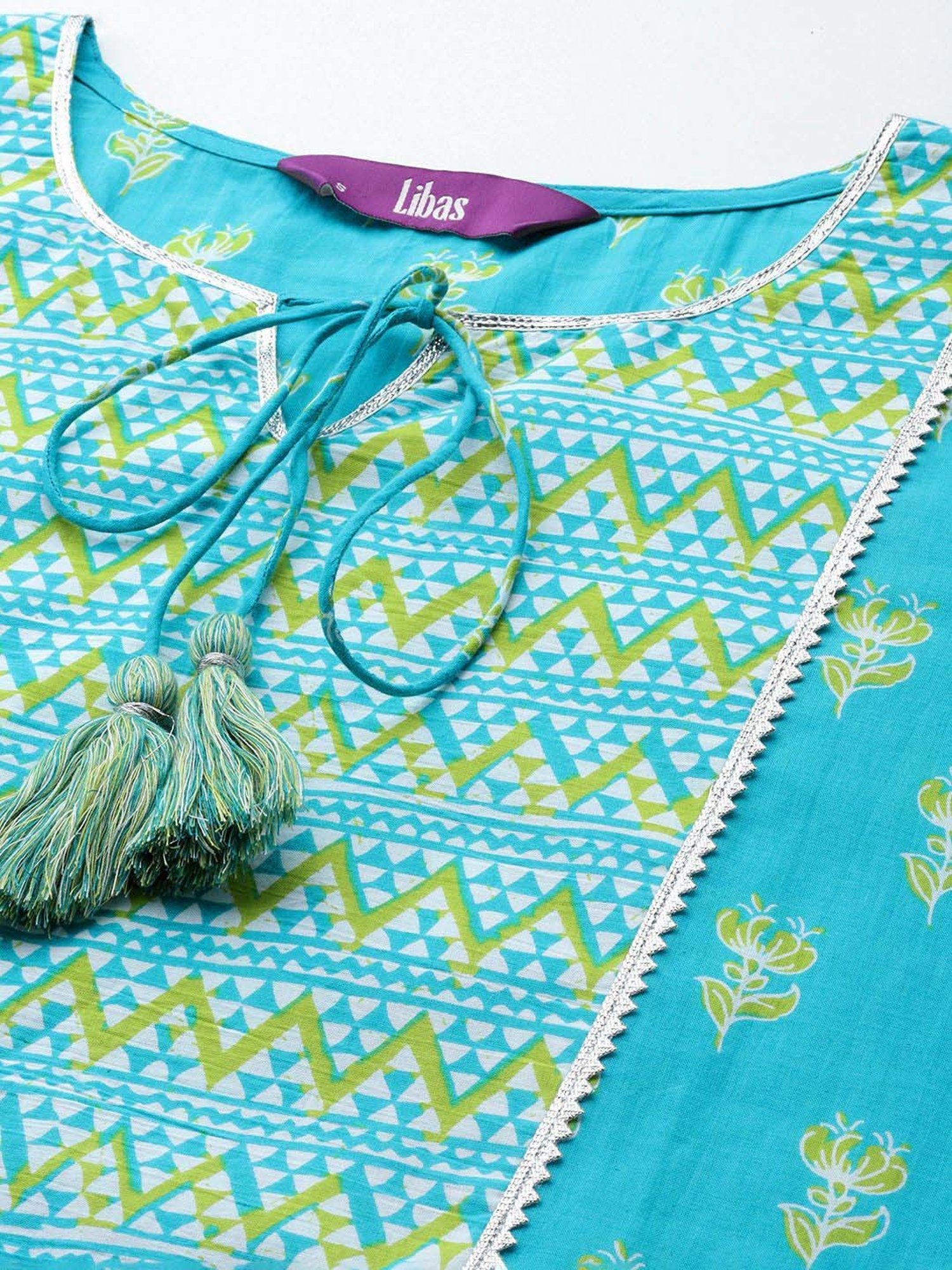 Libas Blue Cotton Printed Kurta Pant Set With Dupatta