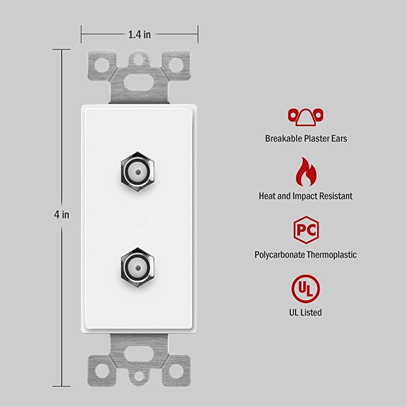 Duplex F-Type Coaxial Connector Wall Jack (Female to Female) Molded-in Voice and Audio/Video, 6506-W, White