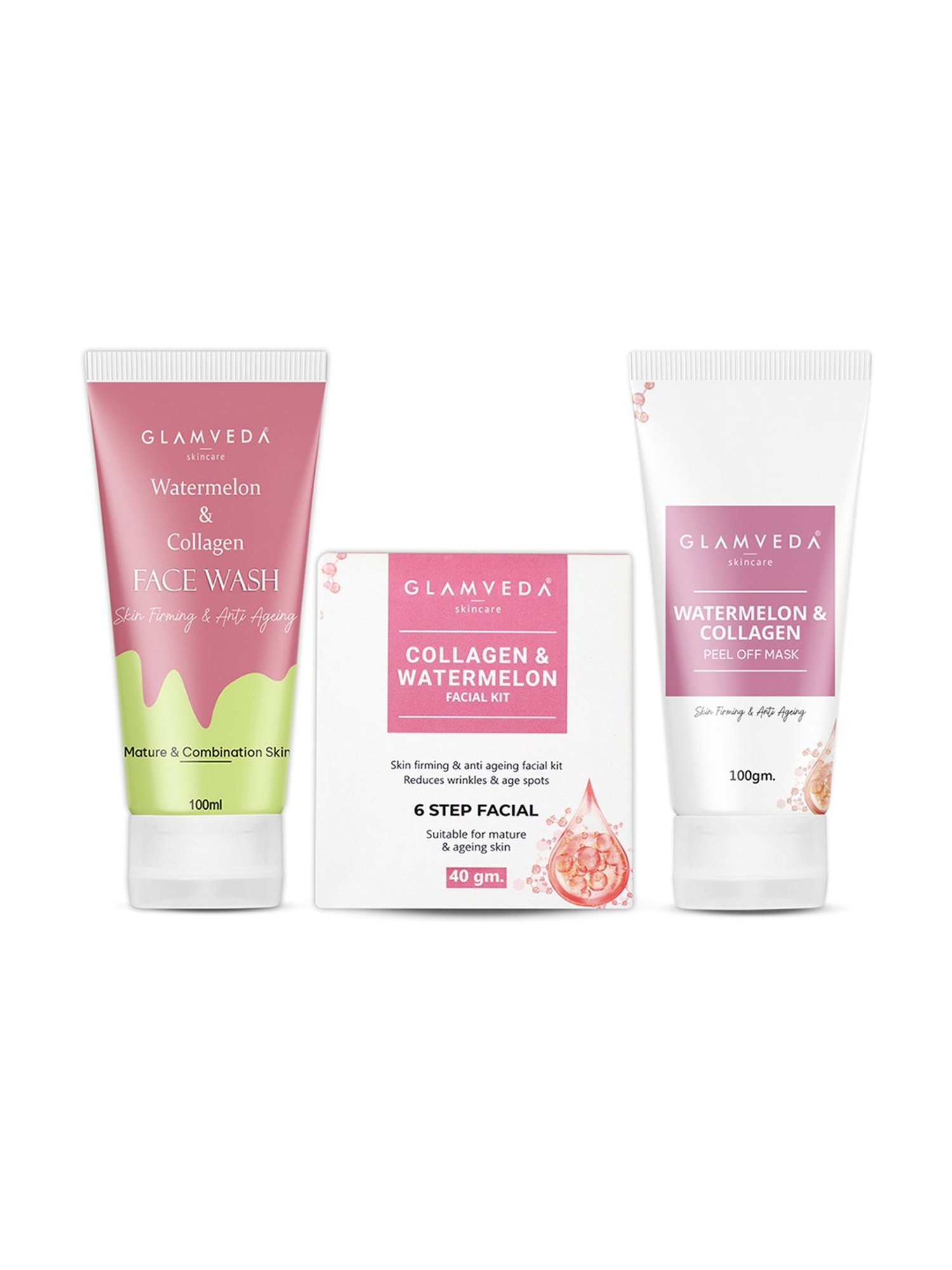 Glamveda Watermelon & Collagen Face Wash, Facial Kit and Peel Off Mask Combo