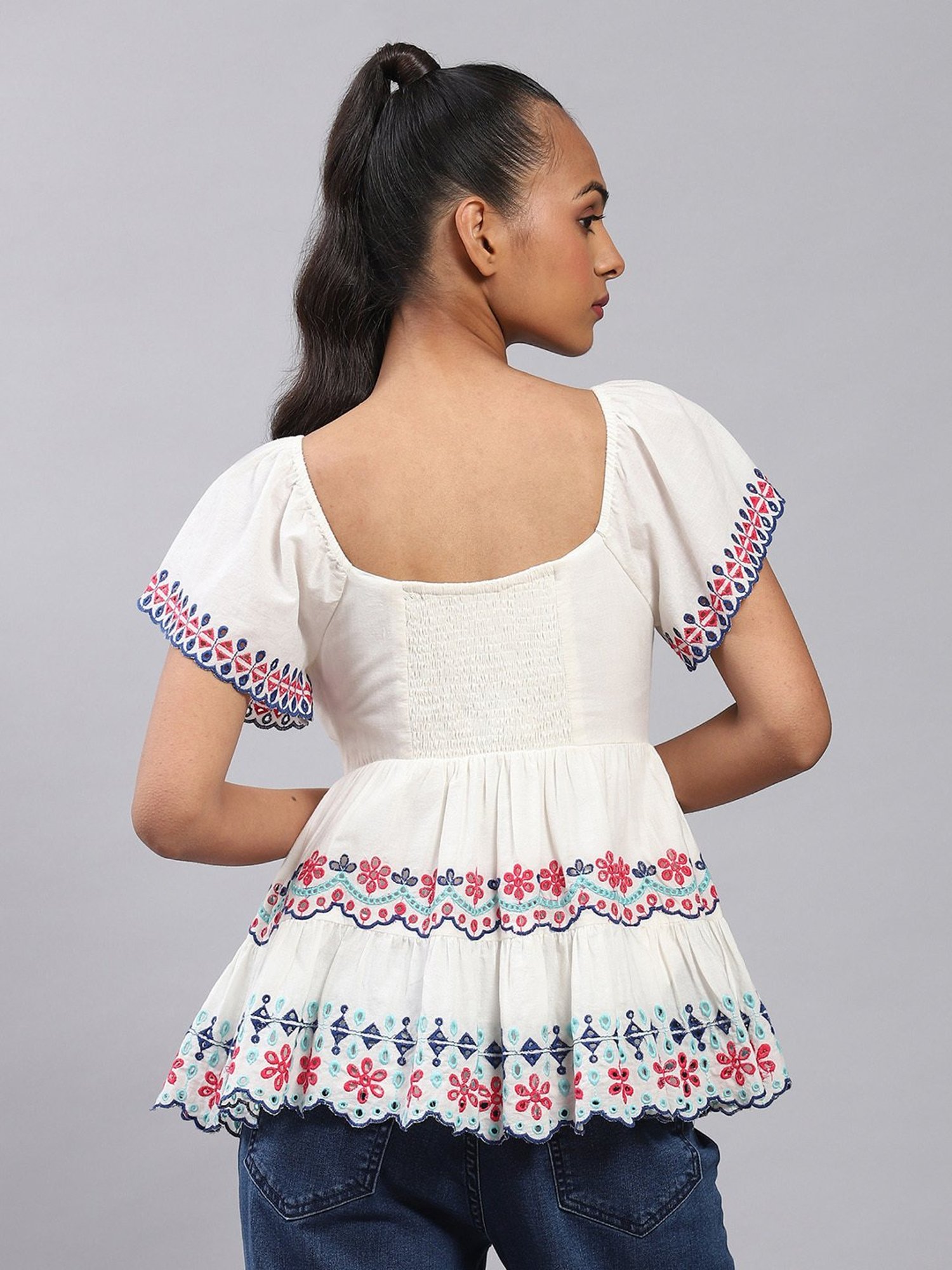 Label Ritu Kumar Off White Embroidered Peplum Top