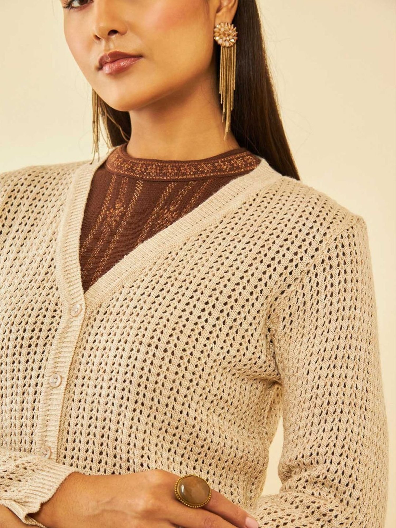 Soch Beige Acrylic Pointelle Knit V-Neck Cardigan with Ribbed Hems